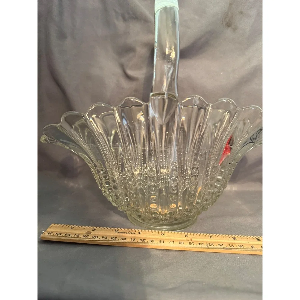 Vintage Clear Pressed Glass Basket Scalloped Edge Beaded Hobnail Handle 9.5in